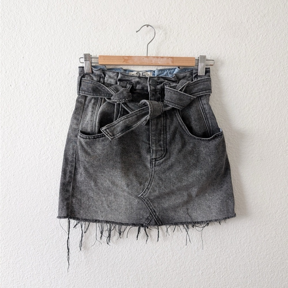 Free People Denim Skirt Raw Hem Paperbag Waist